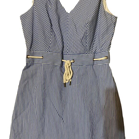 J Crew Coastal Grandma Preppy Striped V Neck Rope Tie Waist Dress Blue White 0 - Picture 5 of 9